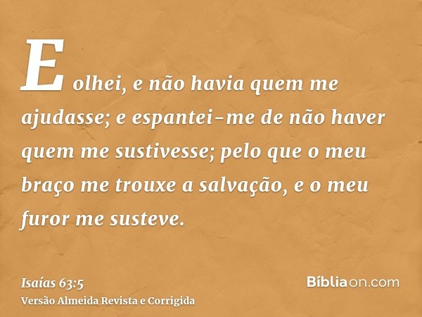 E olhei, e não havia quem me ajudasse; e espantei-me de não haver quem me sustivesse; pelo que o meu braço me trouxe a salvação, e o meu furor me susteve.
