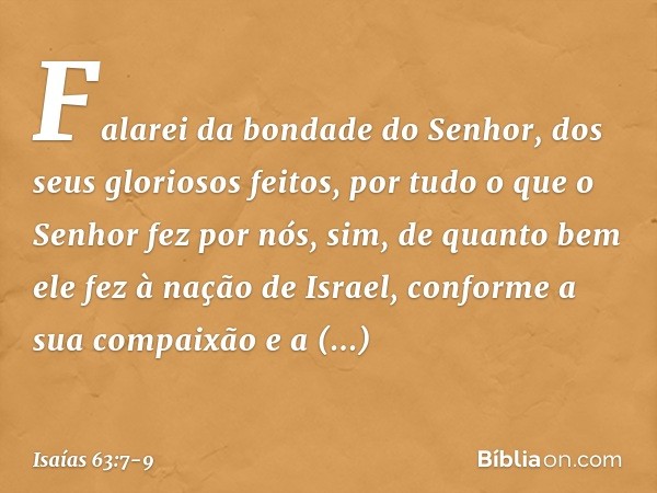 Falarei da bondade do Senhor,
dos seus gloriosos feitos,
por tudo o que o Senhor fez por nós,
sim, de quanto bem ele fez
à nação de Israel,
conforme a sua compa