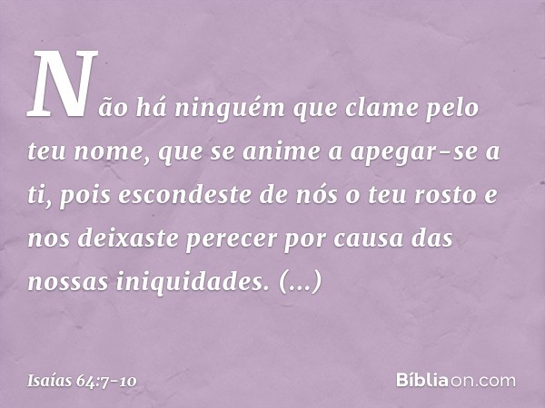 Não há ninguém
que clame pelo teu nome,
que se anime a apegar-se a ti,
pois escondeste de nós o teu rosto
e nos deixaste perecer
por causa das nossas iniquidade
