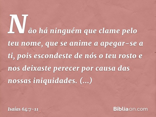Não há ninguém
que clame pelo teu nome,
que se anime a apegar-se a ti,
pois escondeste de nós o teu rosto
e nos deixaste perecer
por causa das nossas iniquidade