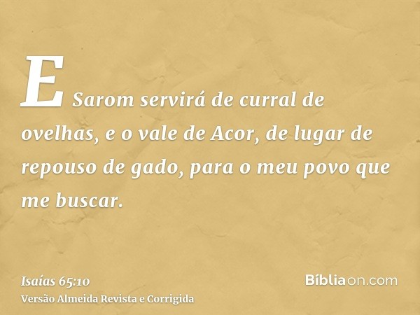 E Sarom servirá de curral de ovelhas, e o vale de Acor, de lugar de repouso de gado, para o meu povo que me buscar.