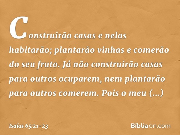 Construirão casas e nelas habitarão;
plantarão vinhas e comerão do seu fruto. Já não construirão casas
para outros ocuparem,
nem plantarão para outros comerem.