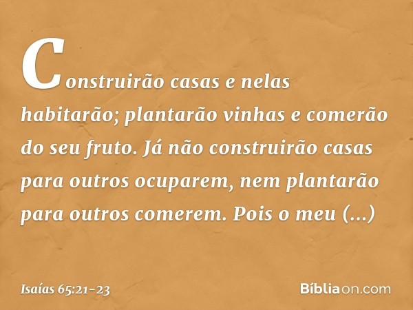 Construirão casas e nelas habitarão;
plantarão vinhas e comerão do seu fruto. Já não construirão casas
para outros ocuparem,
nem plantarão para outros comerem.
