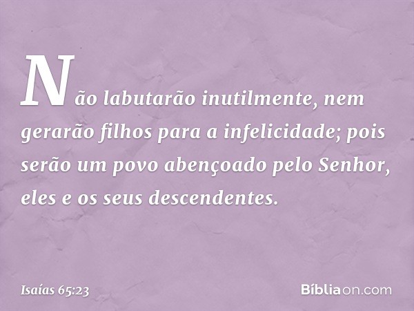 Não labutarão inutilmente,
nem gerarão filhos para a infelicidade;
pois serão um povo abençoado
pelo Senhor,
eles e os seus descendentes. -- Isaías 65:23