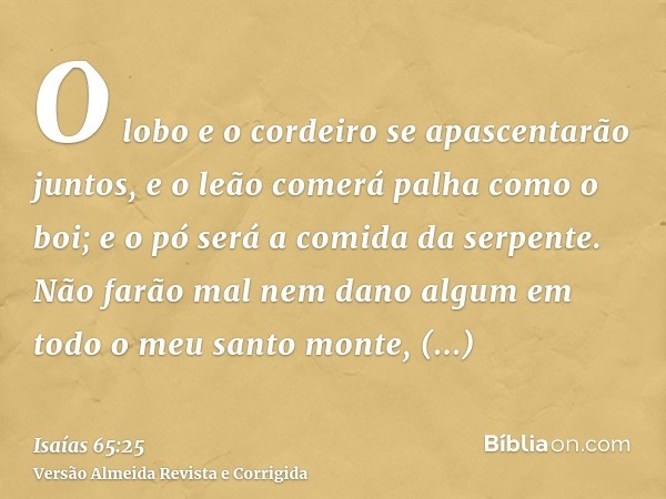 O lobo e o cordeiro se apascentarão juntos, e o leão comerá palha como o boi; e o pó será a comida da serpente. Não farão mal nem dano algum em todo o meu santo