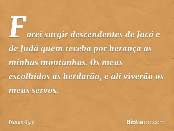 Farei surgir descendentes de Jacó
e de Judá quem receba por herança
as minhas montanhas.
Os meus escolhidos as herdarão,
e ali viverão os meus servos. -- Isaías