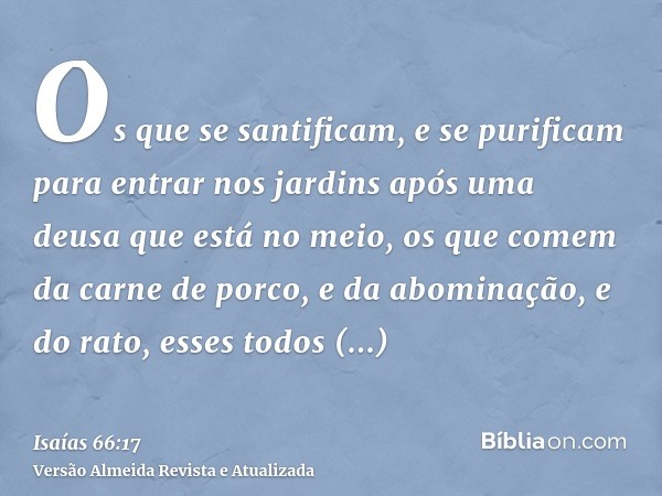 Os que se santificam, e se purificam para entrar nos jardins após uma deusa que está no meio, os que comem da carne de porco, e da abominação, e do rato, esses 