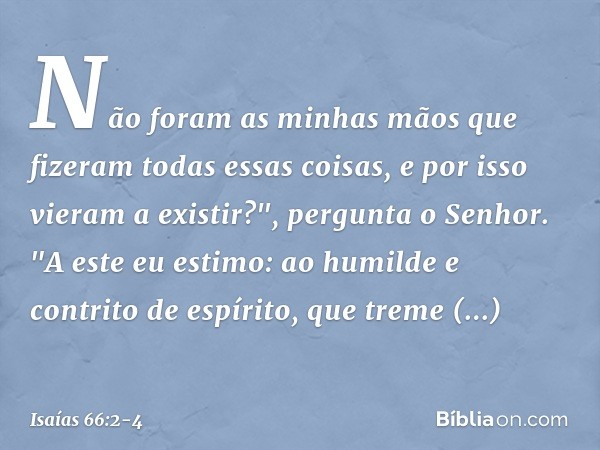 Não foram as minhas mãos que fizeram
todas essas coisas,
e por isso vieram a existir?",
pergunta o Senhor.
"A este eu estimo:
ao humilde e contrito de espírito,