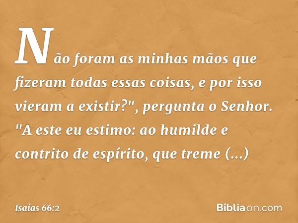 Não foram as minhas mãos que fizeram
todas essas coisas,
e por isso vieram a existir?",
pergunta o Senhor.
"A este eu estimo:
ao humilde e contrito de espírito,