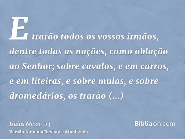 E trarão todos os vossos irmãos, dentre todas as nações, como oblação ao Senhor; sobre cavalos, e em carros, e em liteiras, e sobre mulas, e sobre dromedários, 