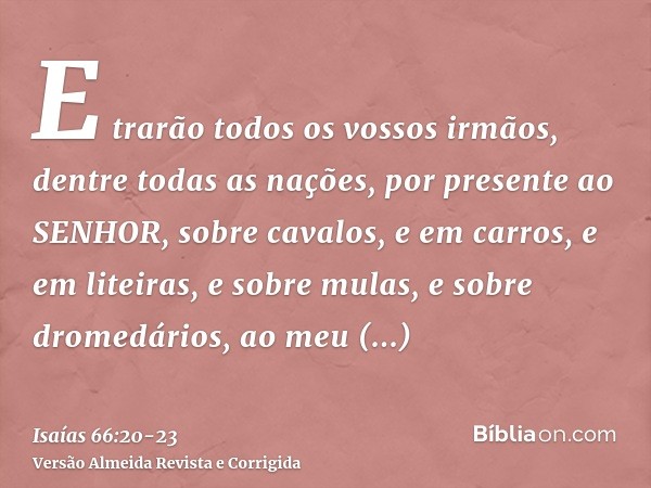 E trarão todos os vossos irmãos, dentre todas as nações, por presente ao SENHOR, sobre cavalos, e em carros, e em liteiras, e sobre mulas, e sobre dromedários, 