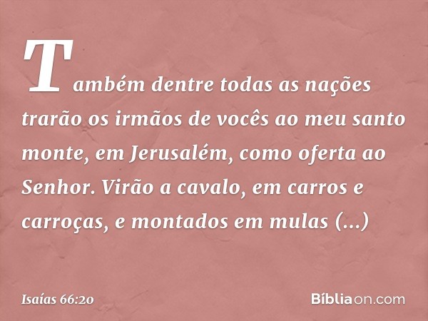 Também dentre todas as nações trarão os irmãos de vocês ao meu santo monte, em Jerusalém, como oferta ao Senhor. Virão a cavalo, em carros e carroças, e montado