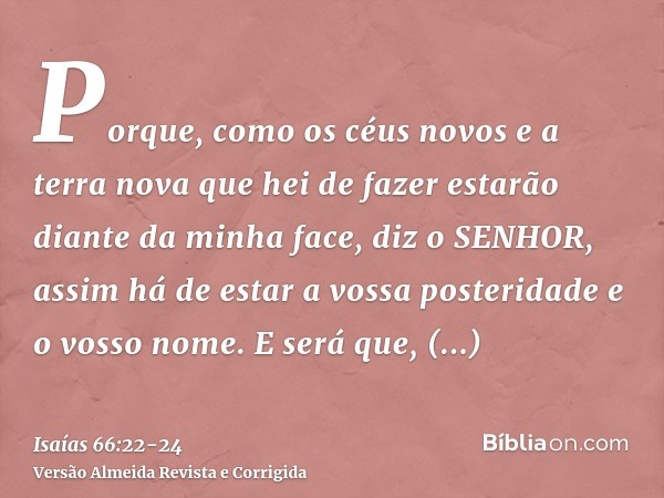 Porque, como os céus novos e a terra nova que hei de fazer estarão diante da minha face, diz o SENHOR, assim há de estar a vossa posteridade e o vosso nome.E se