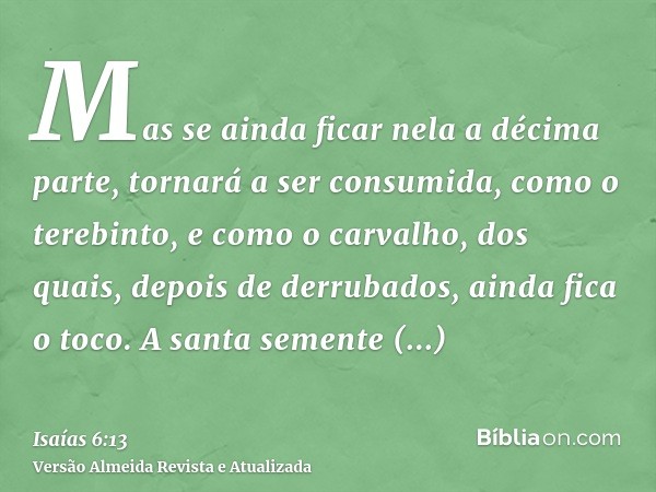 Mas se ainda ficar nela a décima parte, tornará a ser consumida, como o terebinto, e como o carvalho, dos quais, depois de derrubados, ainda fica o toco. A sant