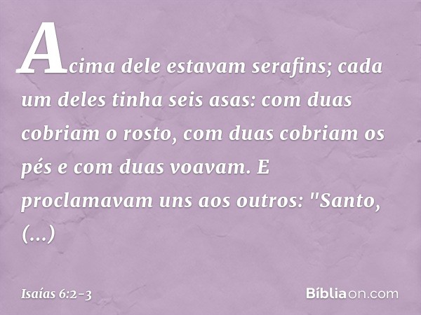 Acima dele estavam serafins; cada um deles tinha seis asas: com duas cobriam o rosto, com duas cobriam os pés e com duas voavam. E proclamavam uns aos outros:
"