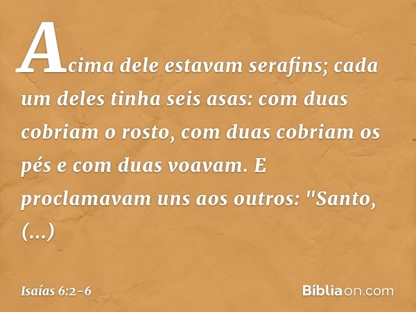 Acima dele estavam serafins; cada um deles tinha seis asas: com duas cobriam o rosto, com duas cobriam os pés e com duas voavam. E proclamavam uns aos outros:
"