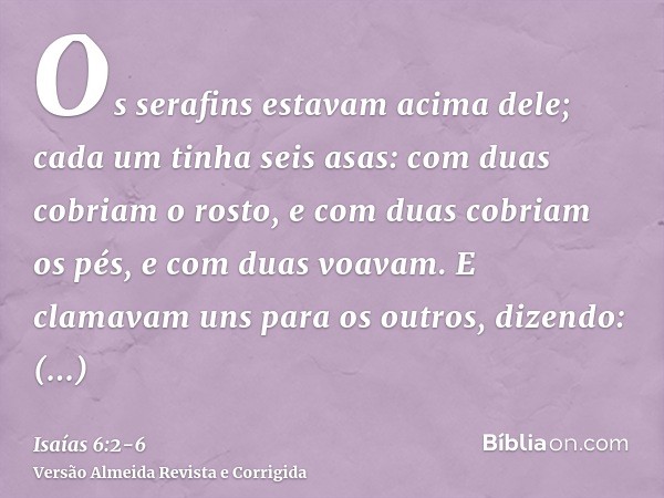 Os serafins estavam acima dele; cada um tinha seis asas: com duas cobriam o rosto, e com duas cobriam os pés, e com duas voavam.E clamavam uns para os outros, d