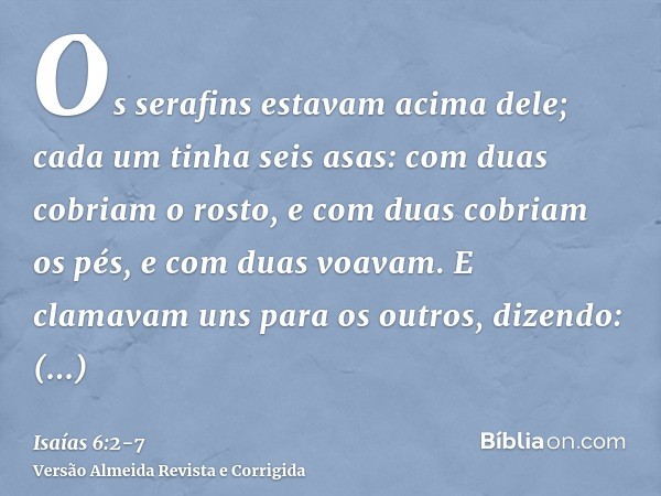 Os serafins estavam acima dele; cada um tinha seis asas: com duas cobriam o rosto, e com duas cobriam os pés, e com duas voavam.E clamavam uns para os outros, d