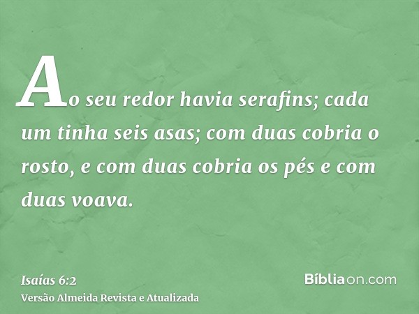 Ao seu redor havia serafins; cada um tinha seis asas; com duas cobria o rosto, e com duas cobria os pés e com duas voava.