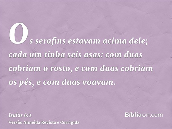 Os serafins estavam acima dele; cada um tinha seis asas: com duas cobriam o rosto, e com duas cobriam os pés, e com duas voavam.