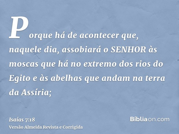Porque há de acontecer que, naquele dia, assobiará o SENHOR às moscas que há no extremo dos rios do Egito e às abelhas que andam na terra da Assíria;