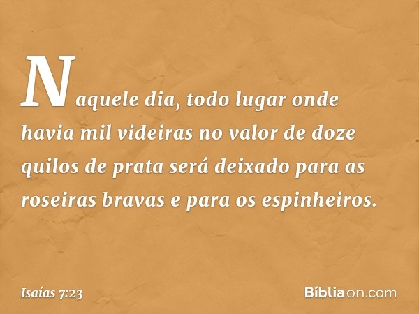 Naquele dia, todo lugar onde havia mil videiras no valor de doze quilos de prata será deixado para as roseiras bravas e para os espinheiros. -- Isaías 7:23