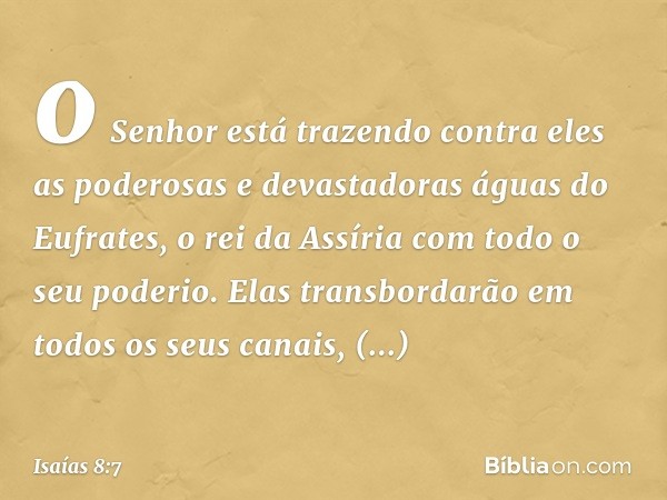 o Senhor está trazendo contra eles
as poderosas e devastadoras
águas do Eufrates,
o rei da Assíria com todo o seu poderio.
Elas transbordarão
em todos os seus c