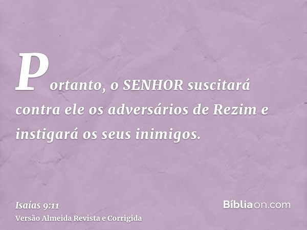 Portanto, o SENHOR suscitará contra ele os adversários de Rezim e instigará os seus inimigos.