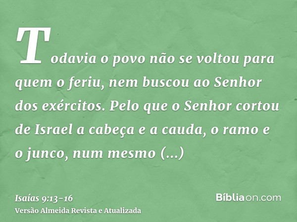 Todavia o povo não se voltou para quem o feriu, nem buscou ao Senhor dos exércitos.Pelo que o Senhor cortou de Israel a cabeça e a cauda, o ramo e o junco, num 