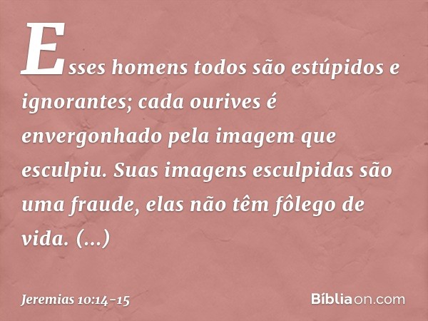 Esses homens todos
são estúpidos e ignorantes;
cada ourives é envergonhado
pela imagem que esculpiu.
Suas imagens esculpidas
são uma fraude,
elas não têm fôlego