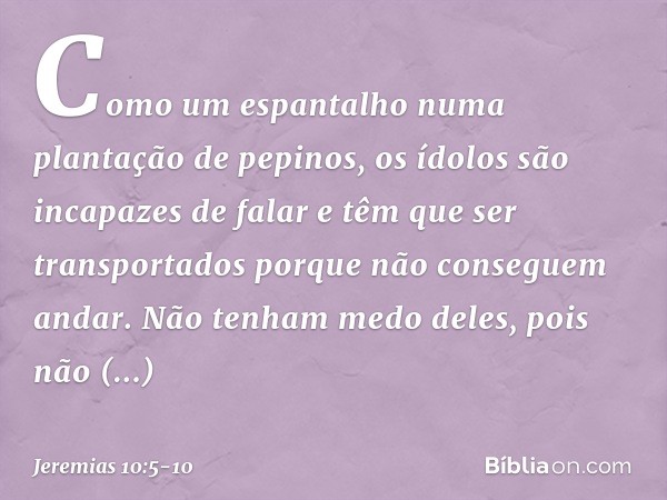 Como um espantalho
numa plantação de pepinos,
os ídolos são incapazes de falar
e têm que ser transportados
porque não conseguem andar.
Não tenham medo deles,
po