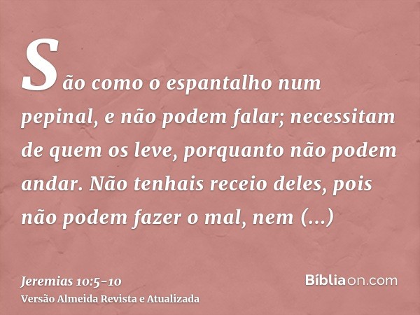 São como o espantalho num pepinal, e não podem falar; necessitam de quem os leve, porquanto não podem andar. Não tenhais receio deles, pois não podem fazer o ma