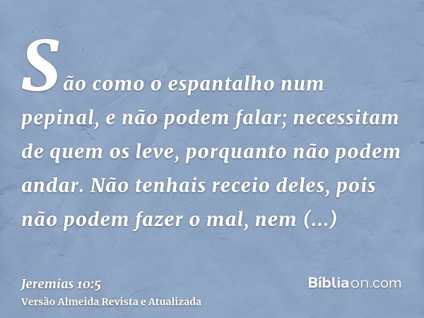 São como o espantalho num pepinal, e não podem falar; necessitam de quem os leve, porquanto não podem andar. Não tenhais receio deles, pois não podem fazer o ma