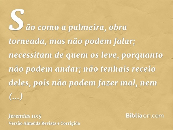 São como a palmeira, obra torneada, mas não podem falar; necessitam de quem os leve, porquanto não podem andar; não tenhais receio deles, pois não podem fazer m