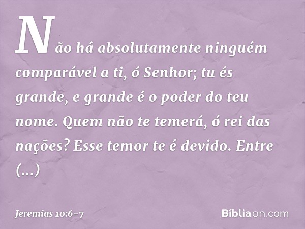 Não há absolutamente ninguém
comparável a ti, ó Senhor;
tu és grande,
e grande é o poder do teu nome. Quem não te temerá,
ó rei das nações?
Esse temor te é devi