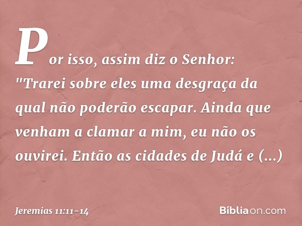 Por isso, assim diz o Senhor: "Trarei sobre eles uma desgraça da qual não poderão escapar. Ainda que venham a clamar a mim, eu não os ouvirei. Então as cidades 