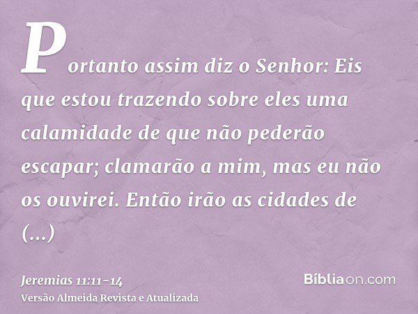 Portanto assim diz o Senhor: Eis que estou trazendo sobre eles uma calamidade de que não pederão escapar; clamarão a mim, mas eu não os ouvirei.Então irão as ci