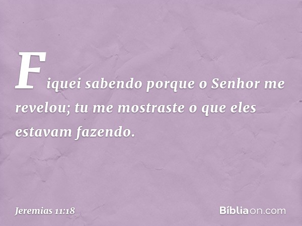 Fiquei sabendo porque o Senhor me revelou; tu me mostraste o que eles estavam fazendo. -- Jeremias 11:18