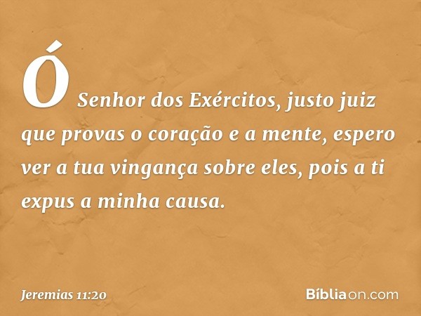 Ó Senhor dos Exércitos,
justo juiz que provas
o coração e a mente,
espero ver a tua vingança sobre eles,
pois a ti expus a minha causa. -- Jeremias 11:20