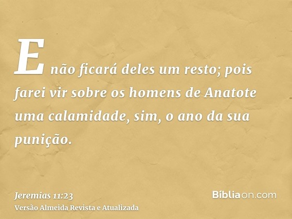 E não ficará deles um resto; pois farei vir sobre os homens de Anatote uma calamidade, sim, o ano da sua punição.