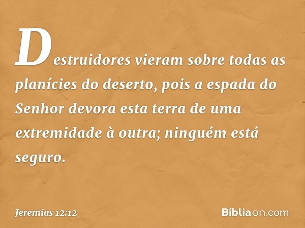 Destruidores vieram
sobre todas
as planícies do deserto,
pois a espada do Senhor
devora esta terra
de uma extremidade à outra;
ninguém está seguro. -- Jeremias 