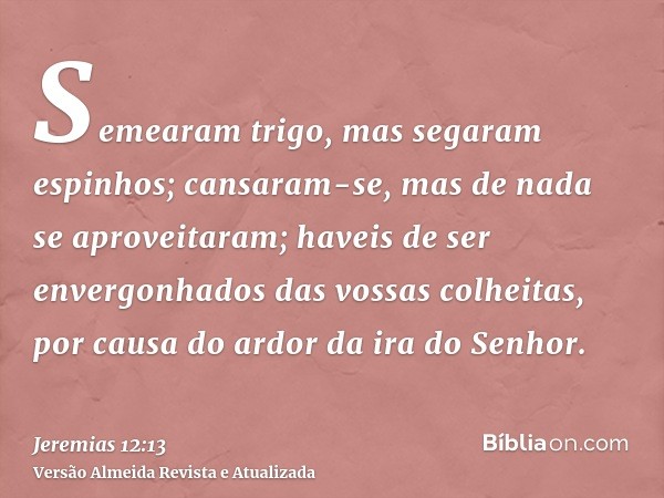 Semearam trigo, mas segaram espinhos; cansaram-se, mas de nada se aproveitaram; haveis de ser envergonhados das vossas colheitas, por causa do ardor da ira do S