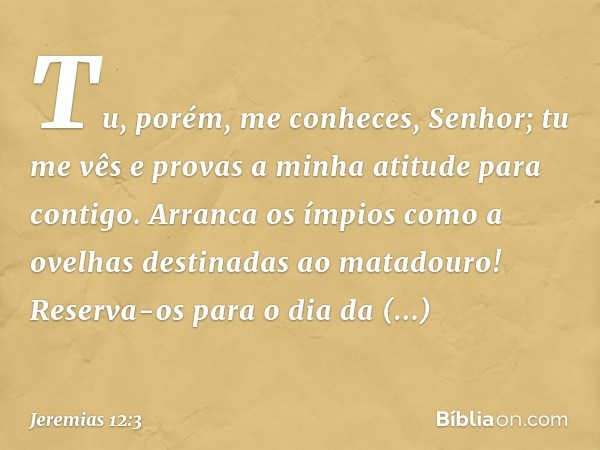 Tu, porém, me conheces, Senhor;
tu me vês e provas a minha atitude
para contigo.
Arranca os ímpios como a ovelhas
destinadas ao matadouro!
Reserva-os para o dia