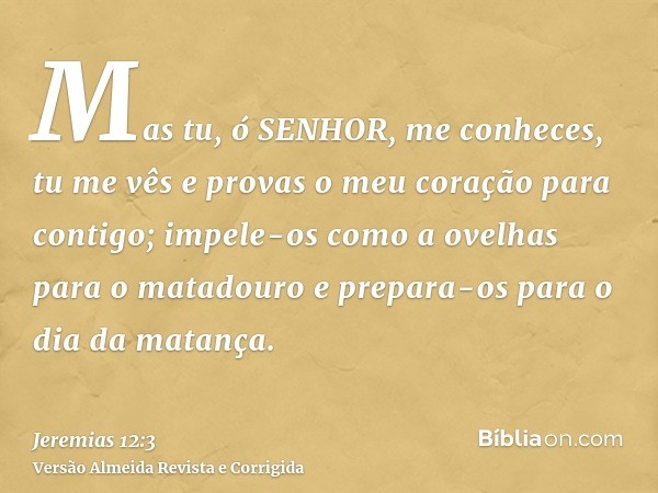 Mas tu, ó SENHOR, me conheces, tu me vês e provas o meu coração para contigo; impele-os como a ovelhas para o matadouro e prepara-os para o dia da matança.