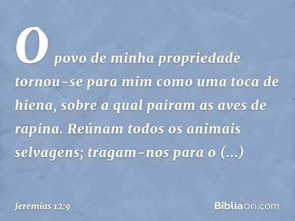 O povo de minha propriedade
tornou-se para mim
como uma toca de hiena,
sobre a qual pairam as aves de rapina.
Reúnam todos os animais selvagens;
tragam-nos para