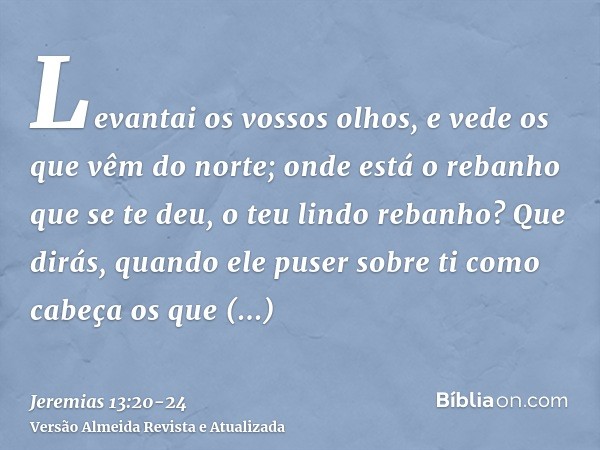 Levantai os vossos olhos, e vede os que vêm do norte; onde está o rebanho que se te deu, o teu lindo rebanho?Que dirás, quando ele puser sobre ti como cabeça os