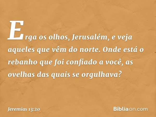 Erga os olhos, Jerusalém,
e veja aqueles que vêm do norte.
Onde está o rebanho
que foi confiado a você,
as ovelhas das quais se orgulhava? -- Jeremias 13:20