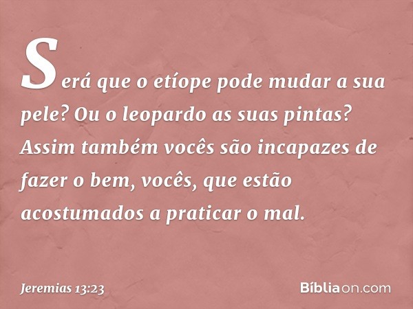 Será que o etíope pode
mudar a sua pele?
Ou o leopardo as suas pintas?
Assim também vocês são incapazes
de fazer o bem,
vocês, que estão acostumados
a praticar 