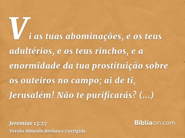 Vi as tuas abominações, e os teus adultérios, e os teus rinchos, e a enormidade da tua prostituição sobre os outeiros no campo; ai de ti, Jerusalém! Não te puri