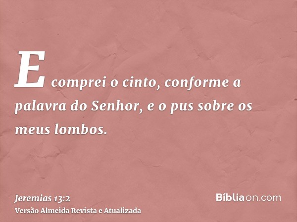 E comprei o cinto, conforme a palavra do Senhor, e o pus sobre os meus lombos.